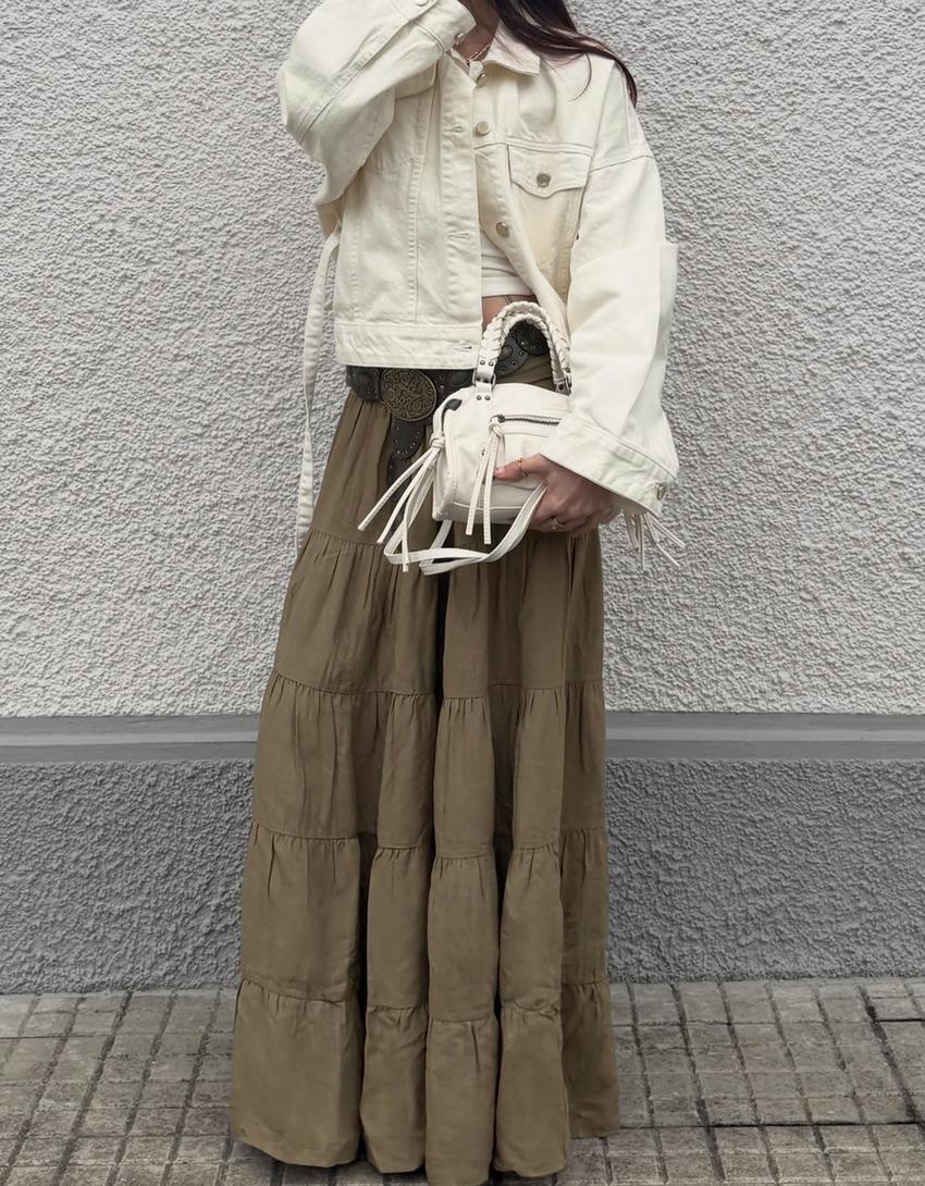 Midi skirt with fold-over waist-Khaki