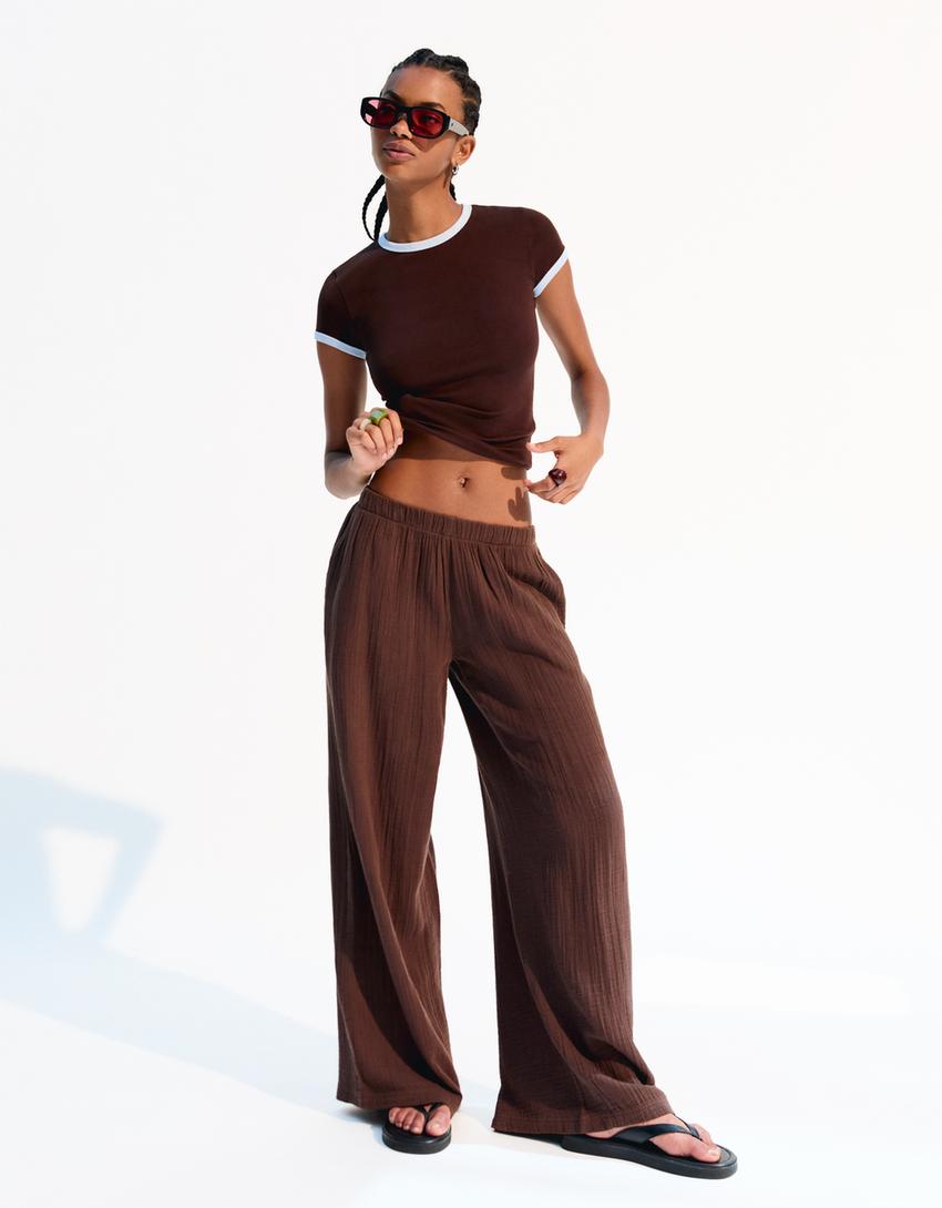 Wide-leg rustic trousers-Brown-0
