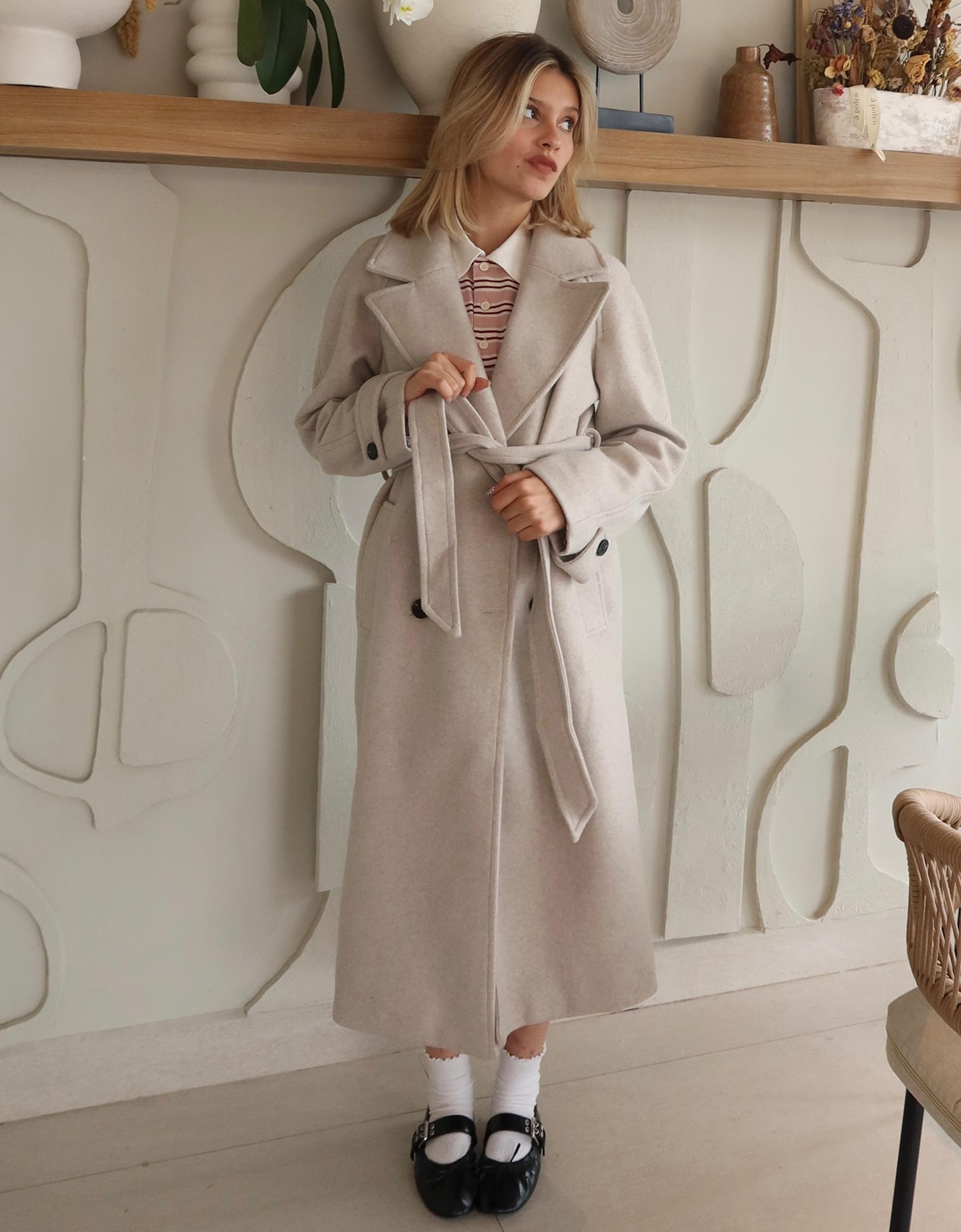 Bershka Abrigo Trench Soft Cinturón Mujer Arena