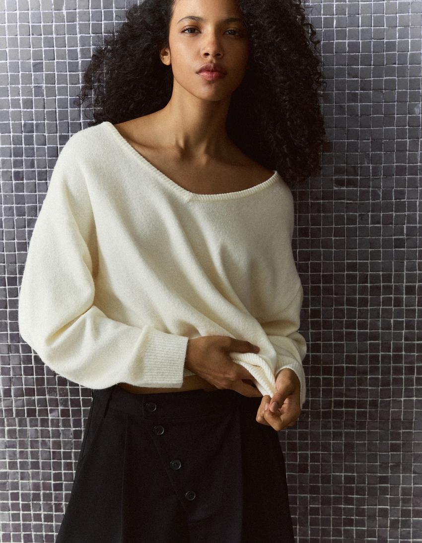 Soft touch oversize V yaka kazak-Krem