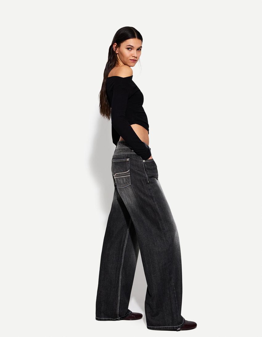 Taille Basse Pantalon Large Noir Bershka Jean Baggy Pantalon Large
