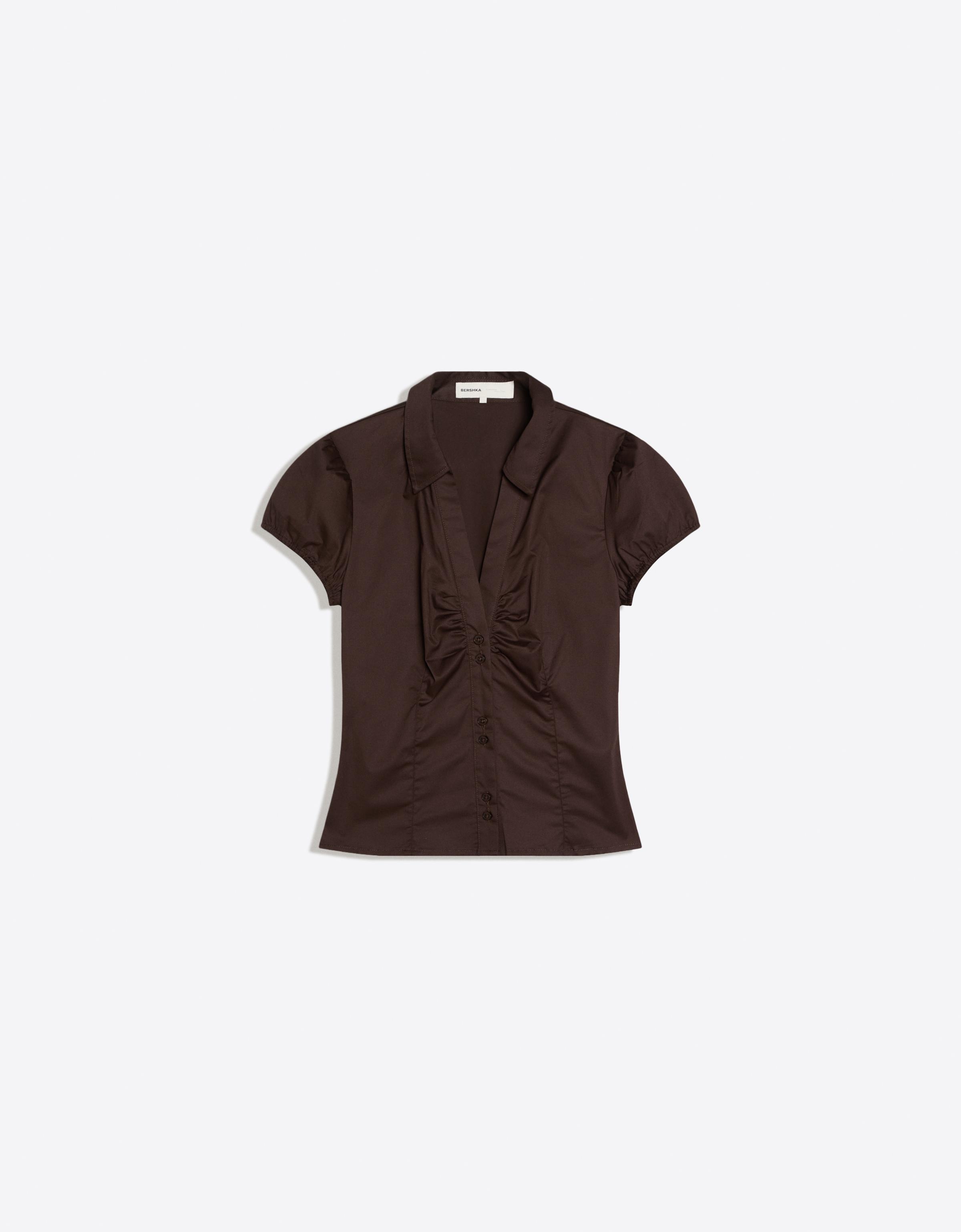 Short sleeve poplin tie-front shirt — Brown