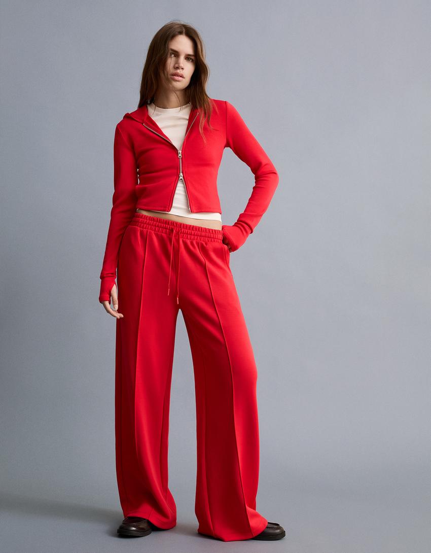 Hoodie ritsleting lembut dengan modal tudung-Merah