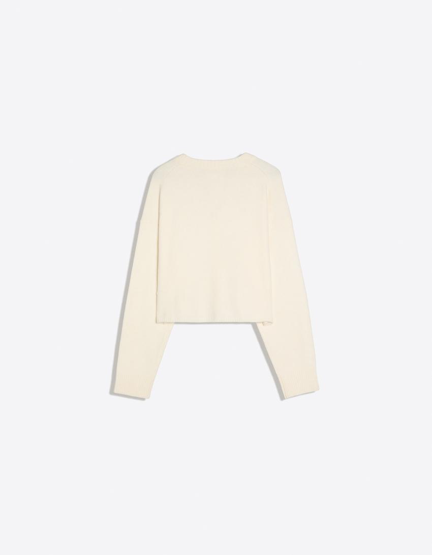 Soft touch round neck jacket-Cream