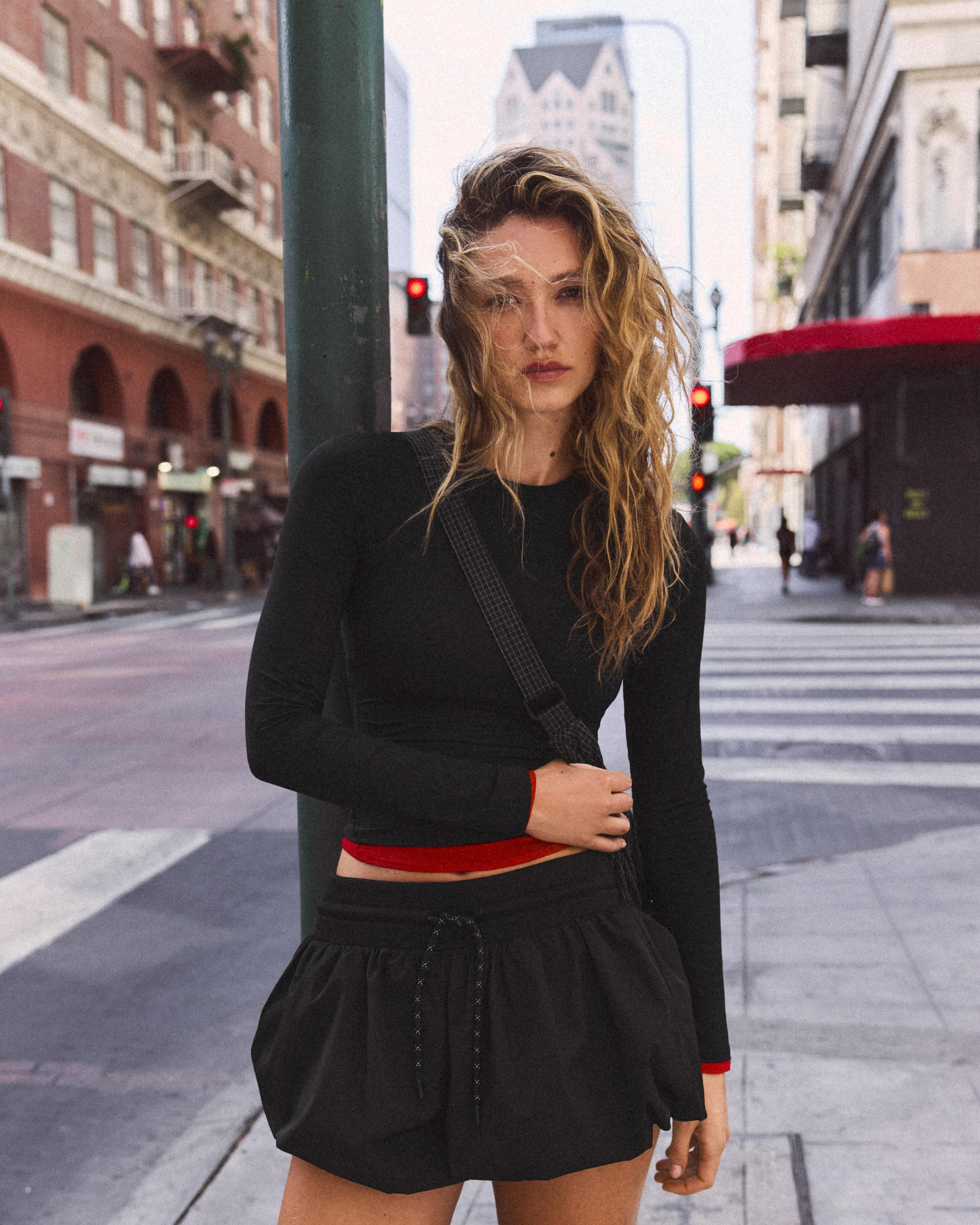 Technical mini skort with elasticated waist — Black