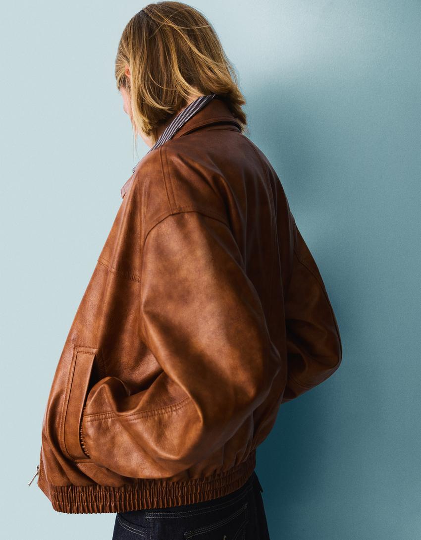 Giubbotto effetto pelle oversize-Camel-1