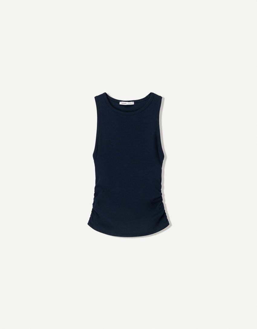 Gathered strappy T-shirt-Navy-1