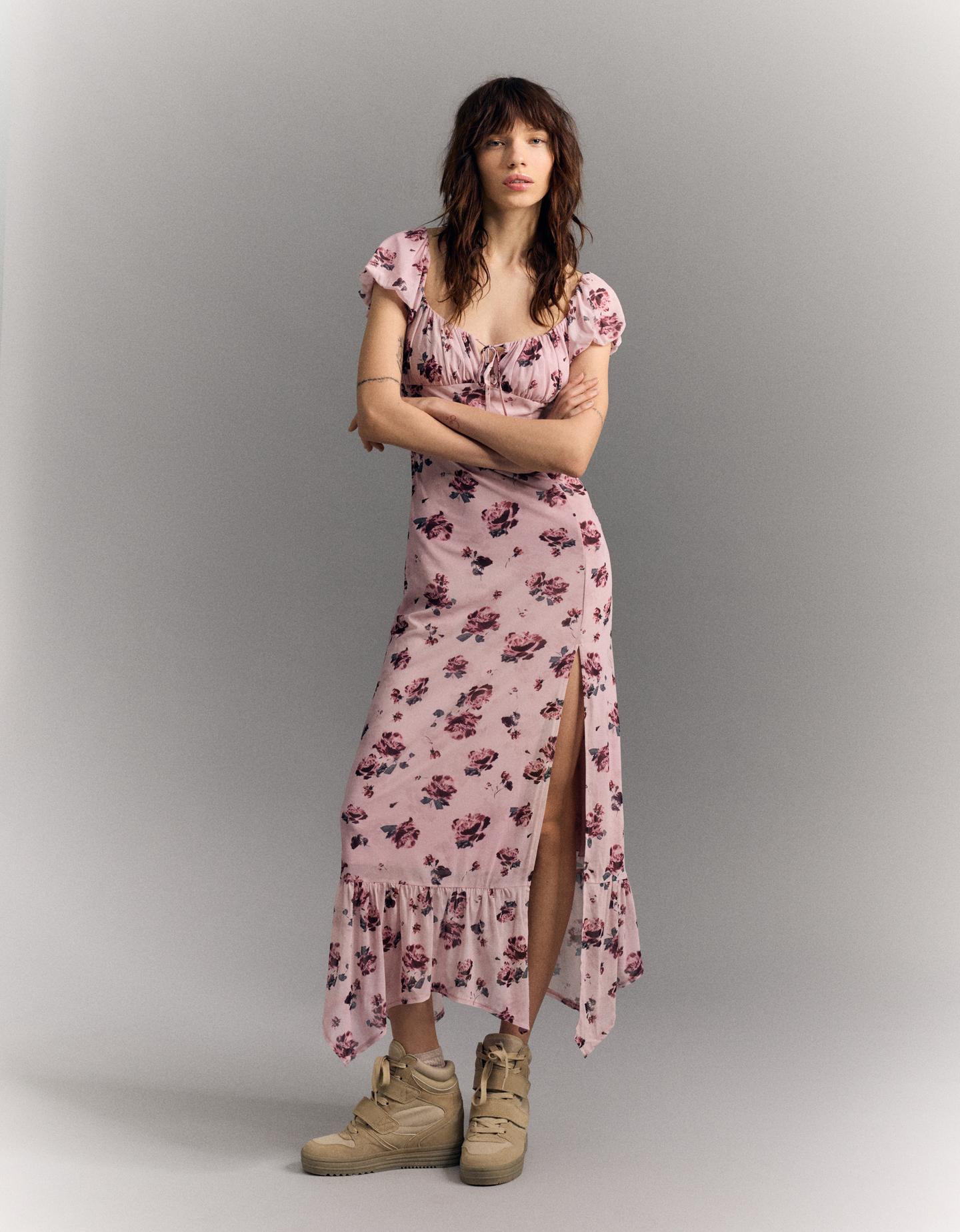 bershka pink long dress Bershka RUCHED STRAP MIDI - Day dress - light pink