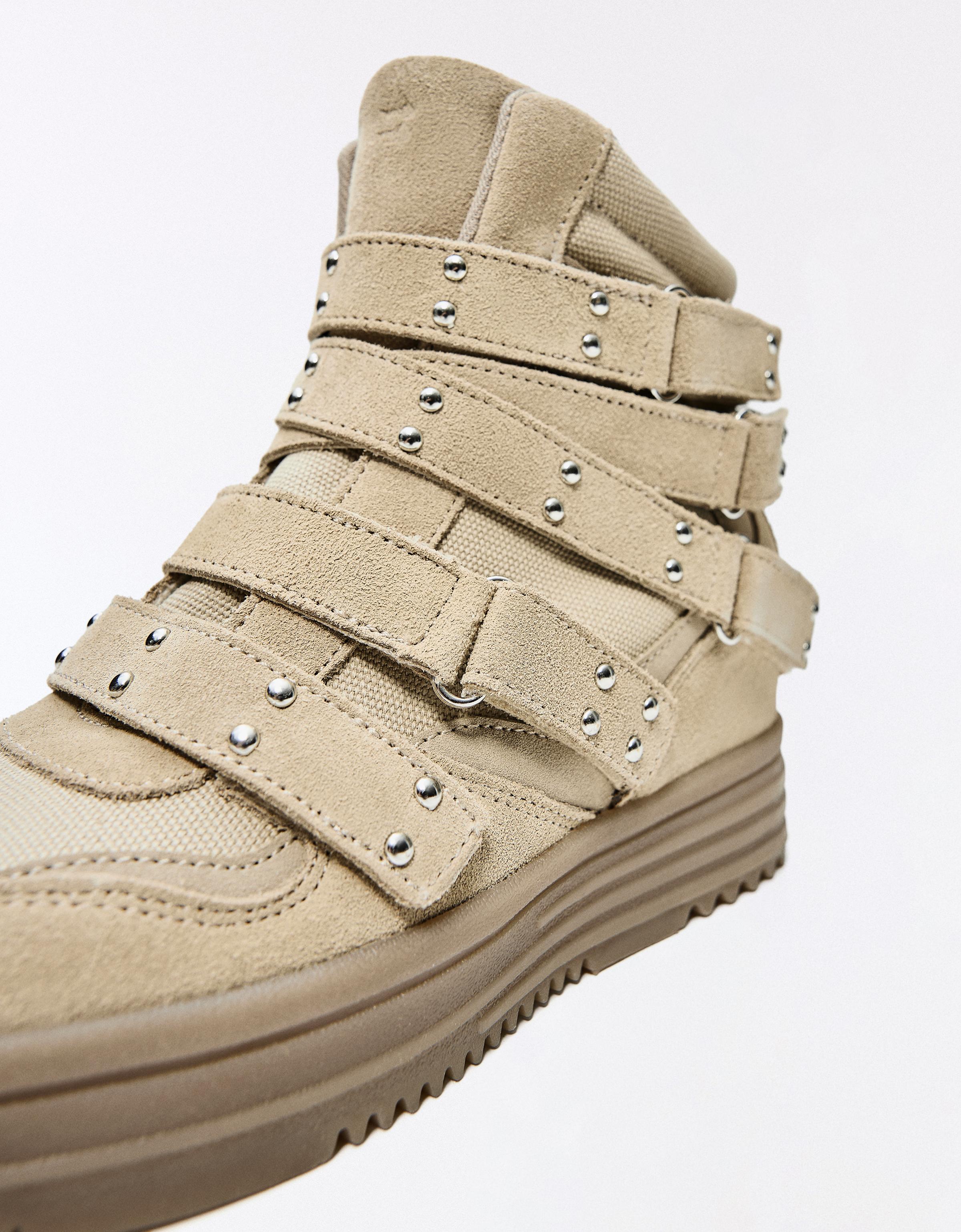 STUDDED HIGH-TOP TRAINERS — SAND