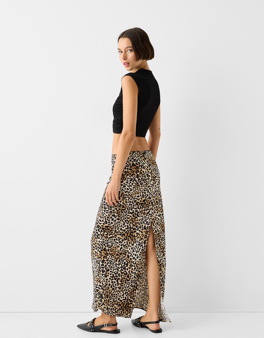 Animal print midi skirt-Brown
