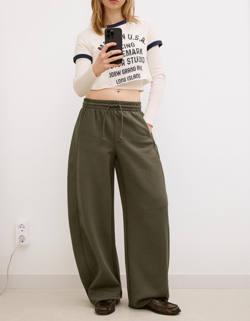 Pamuklu barrel fit pantolon-Haki-2