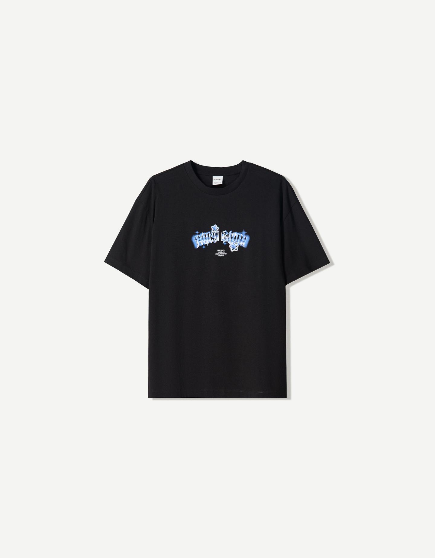 Bershka Camiseta Manga Corta Print Hombre S Negro