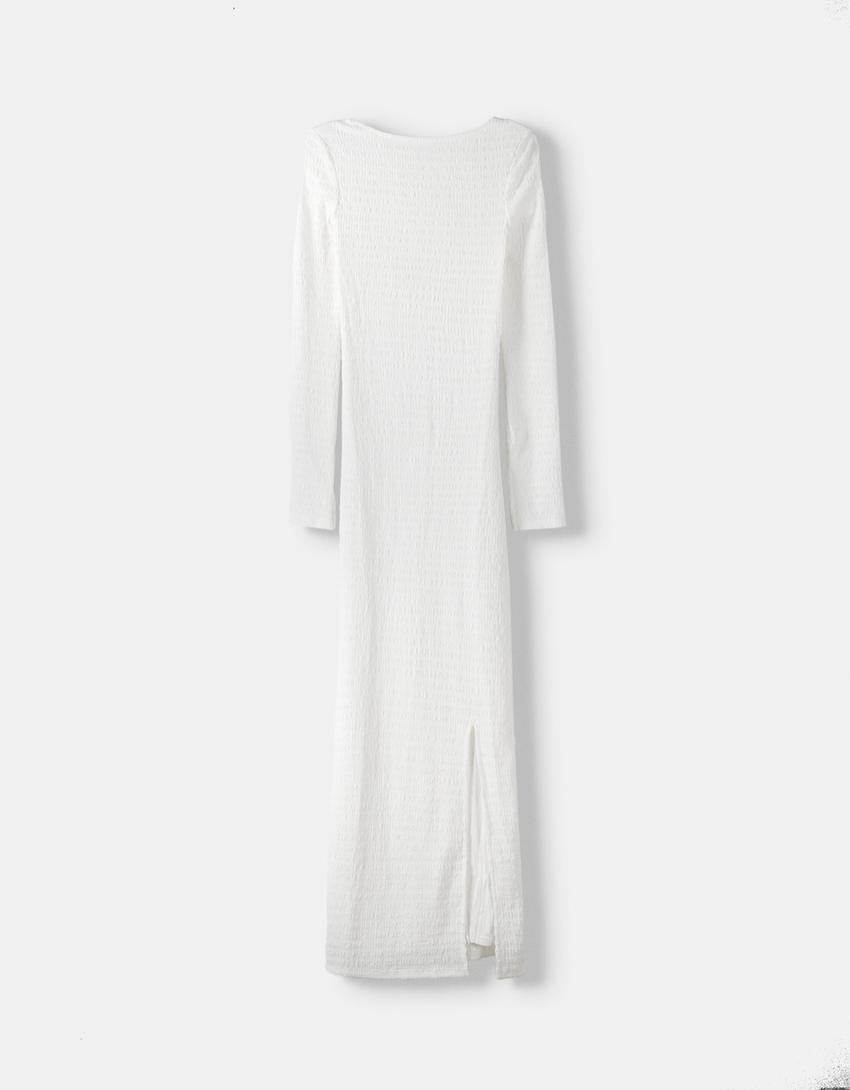 فستان متوسط الطول بحياكة وافل وأكمام طويلة-كريمي-4