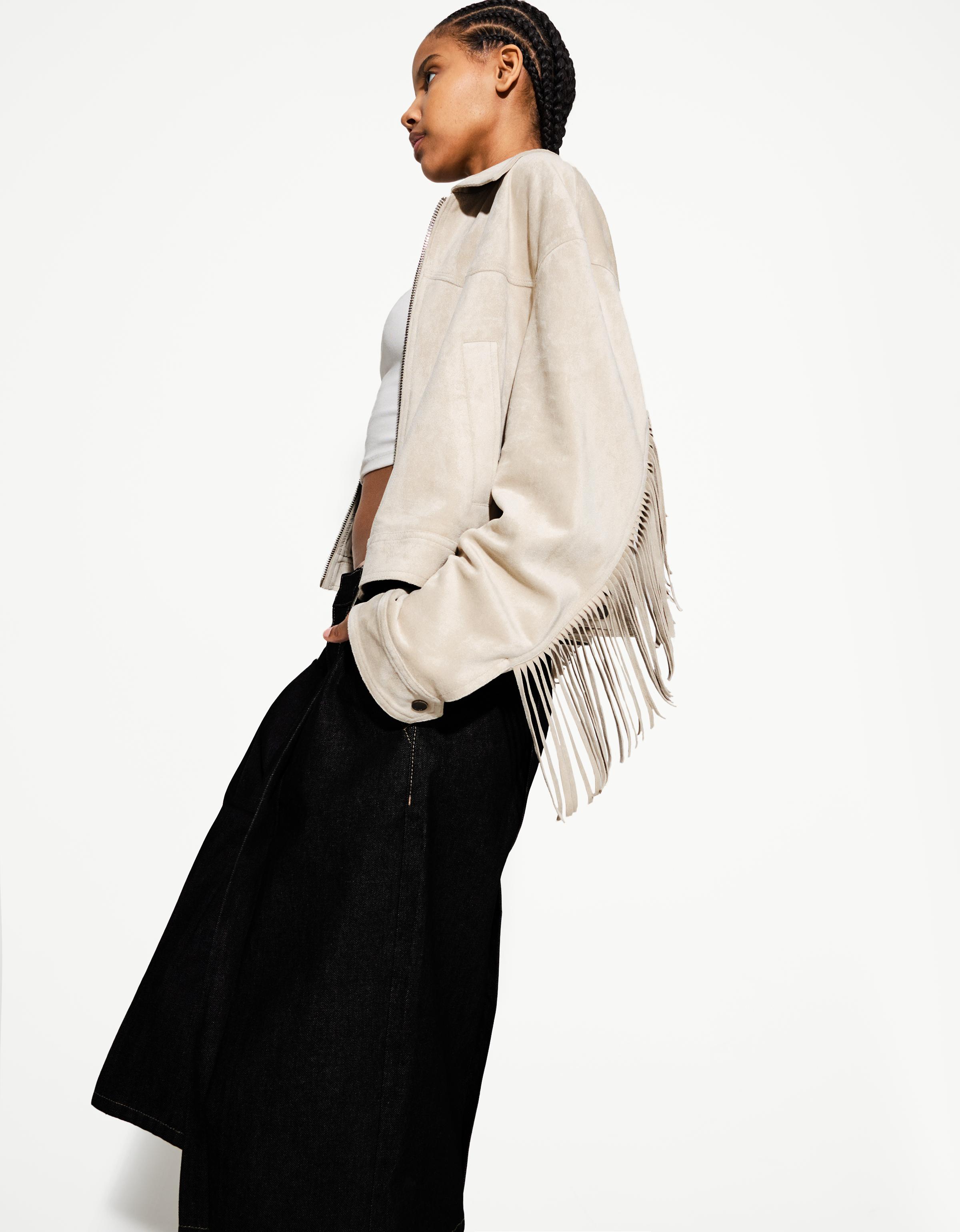 Faux suede jacket with fringing - Women | Bershka