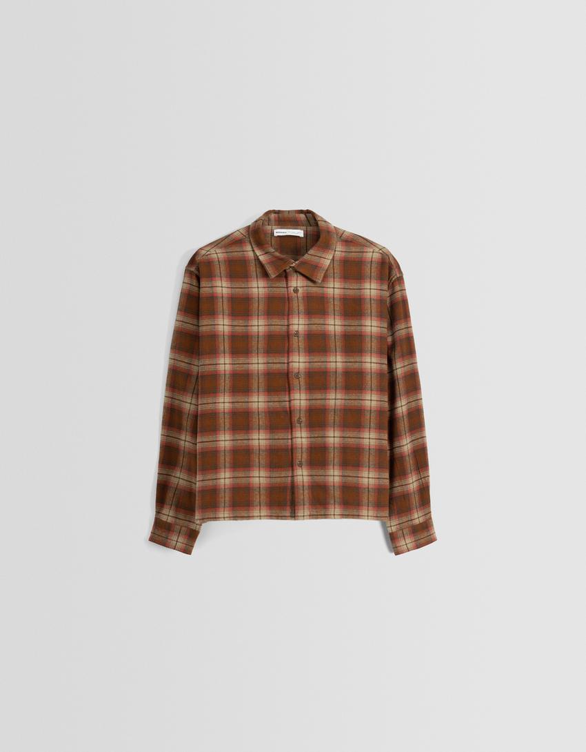 Cropped long sleeve check shirt-Brown