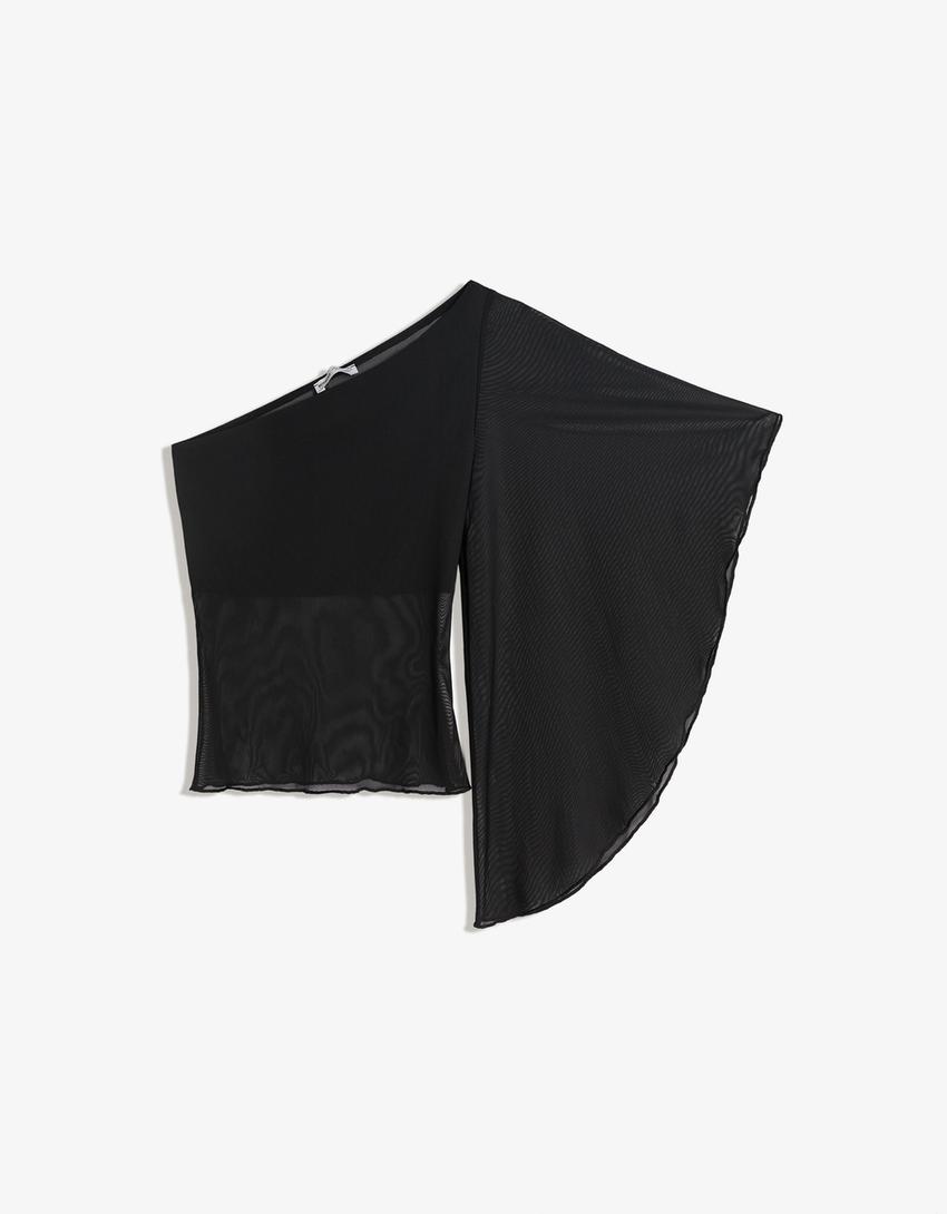 Asymmetric tulle T-shirt-Black