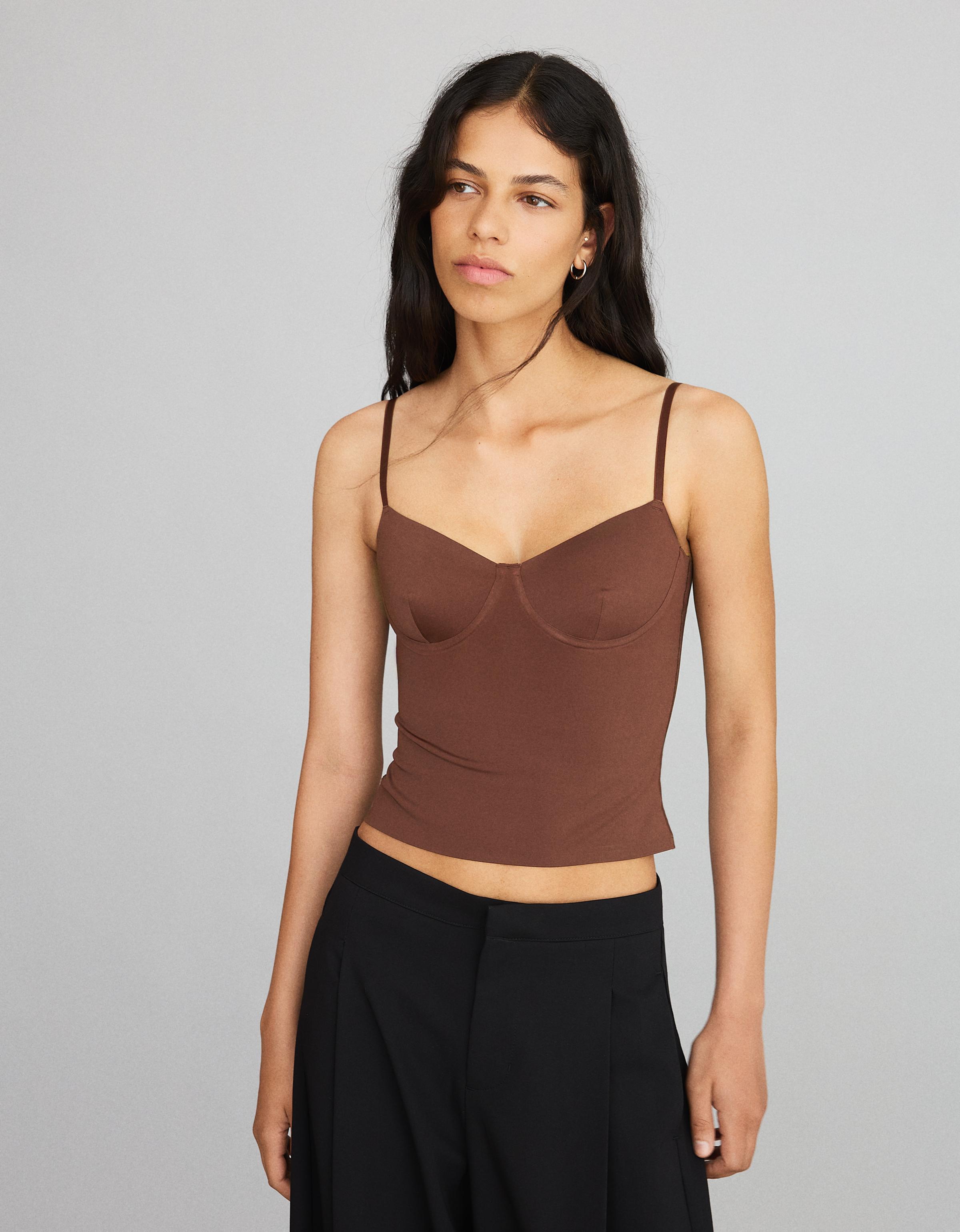 Bershka Top Tirantes Escote Corazón Mujer Marrón