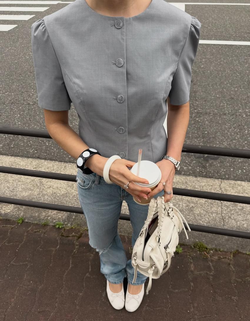 Kısa kollu puf kollu blazer-Gri