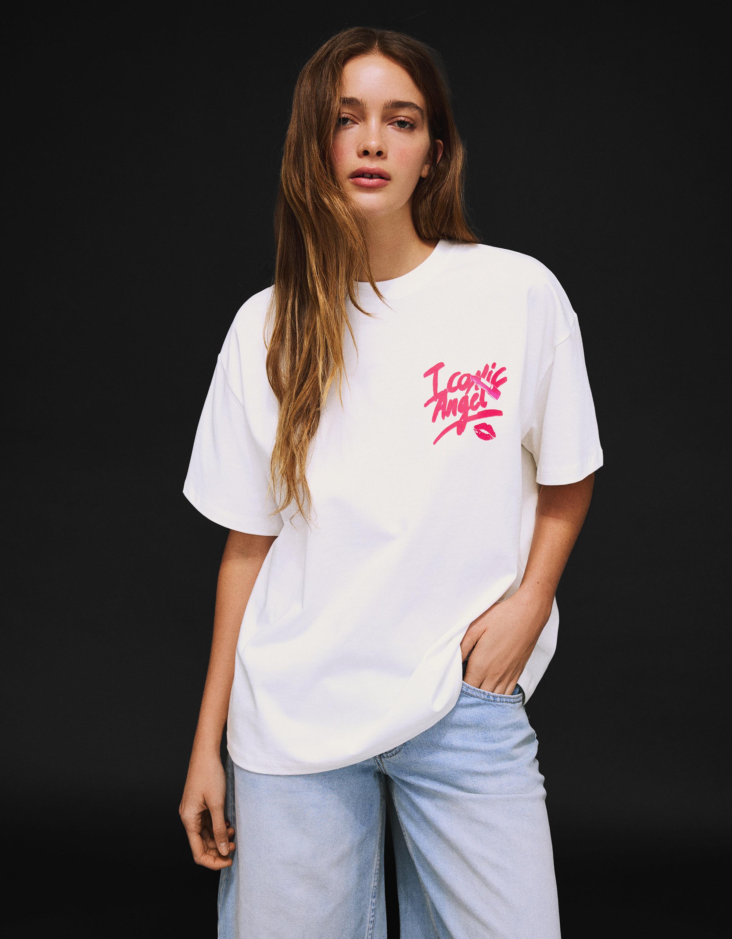 Bershka Camiseta Manga Corta Print Mujer Blanco Roto
