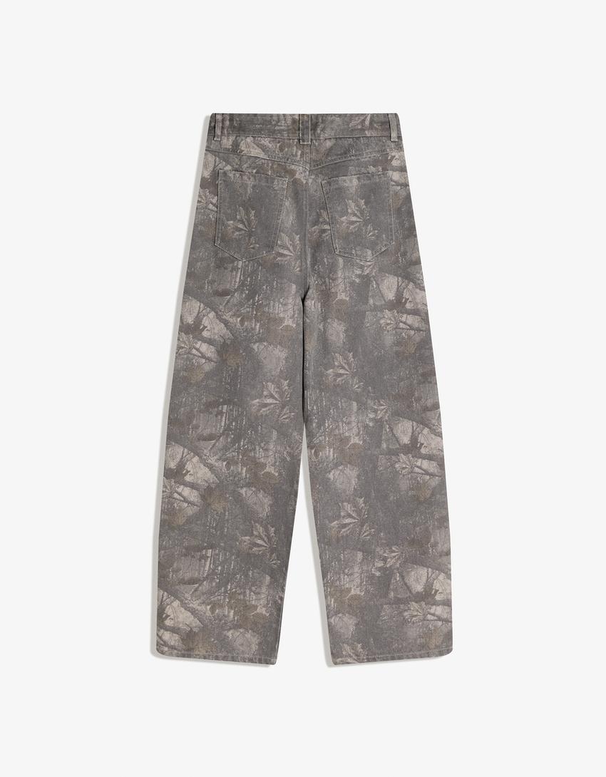 Baskılı super baggy fit pantolon-Koyu gri