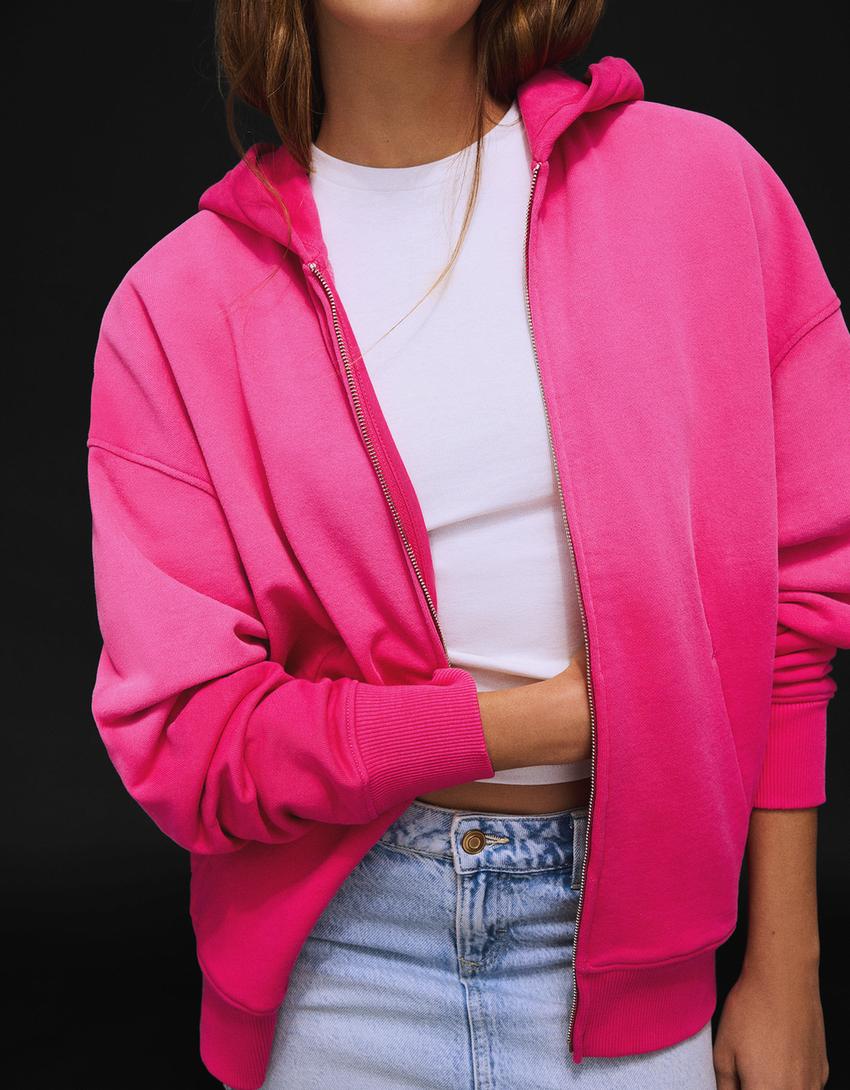 Oversize kapüşonlu fermuarlı sweatshirt-Fuşya