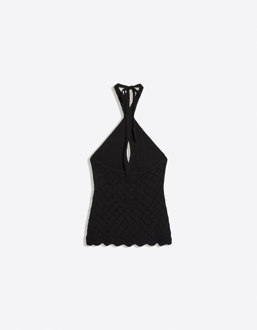 Ajurlu halter yaka bluz-Siyah