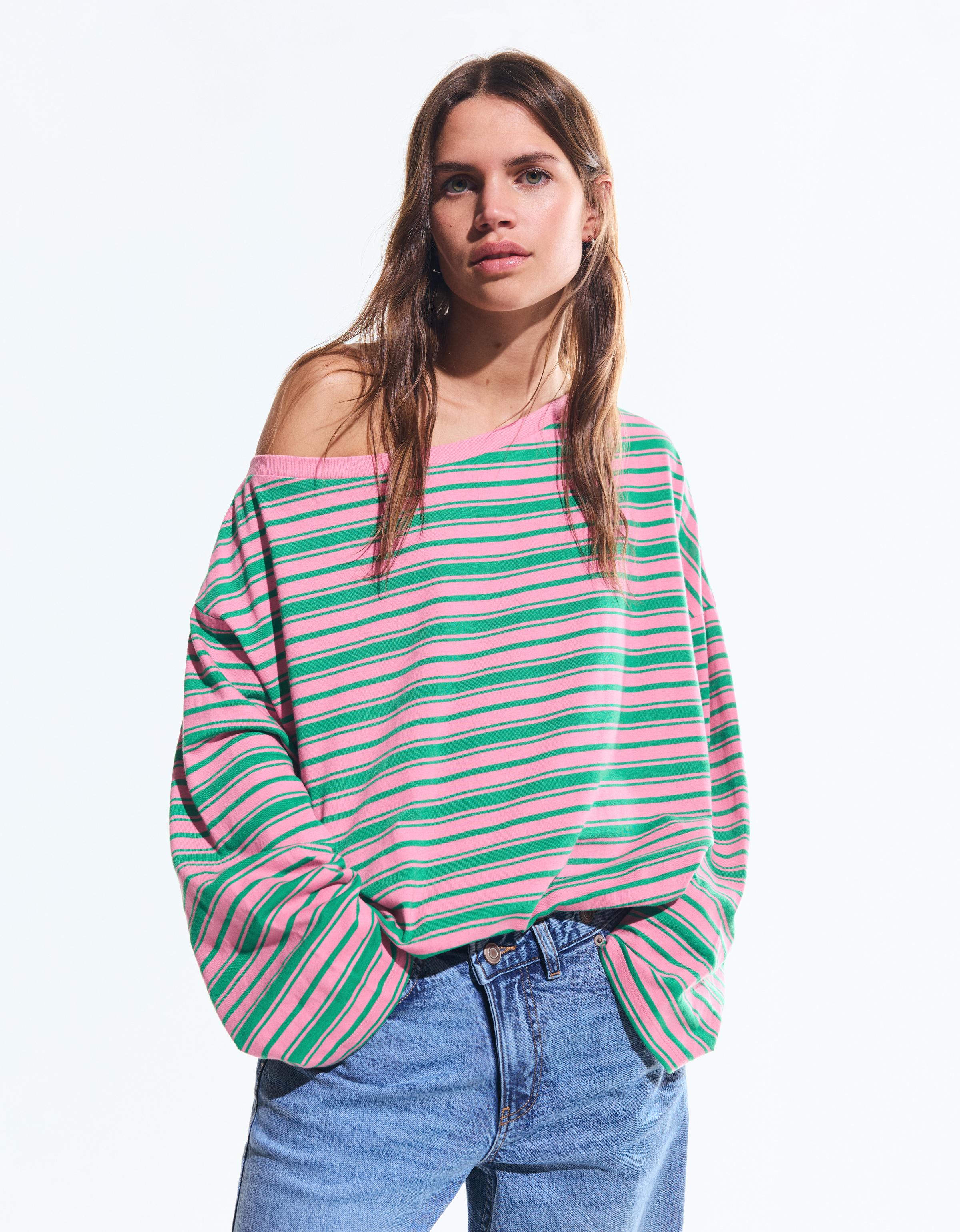 Camiseta Manga Larga Cuello Asimétrico Print Mujer Xxs Rosa