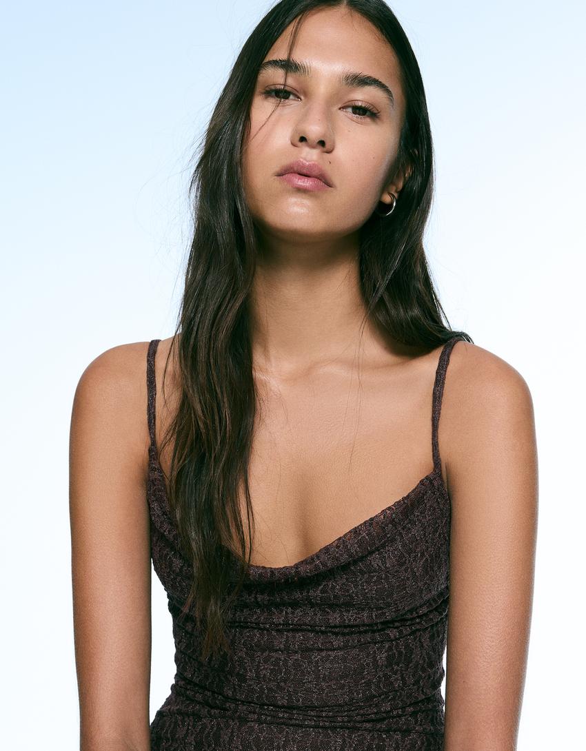 Lace midi strappy dress-Brown