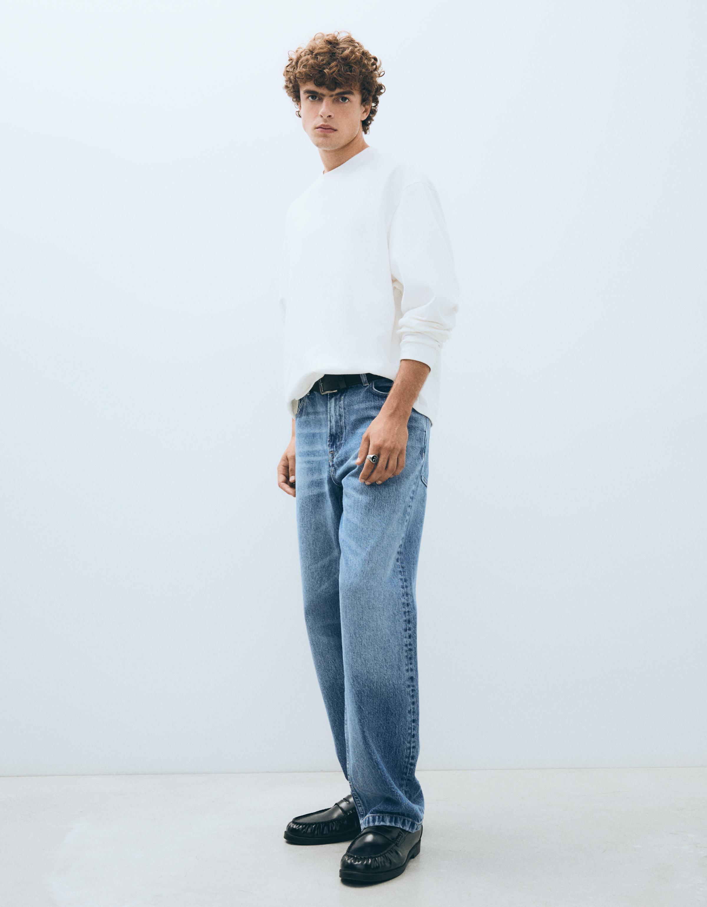 Bershka Jeans Straight Wide Hombre 44 Azul Lavado