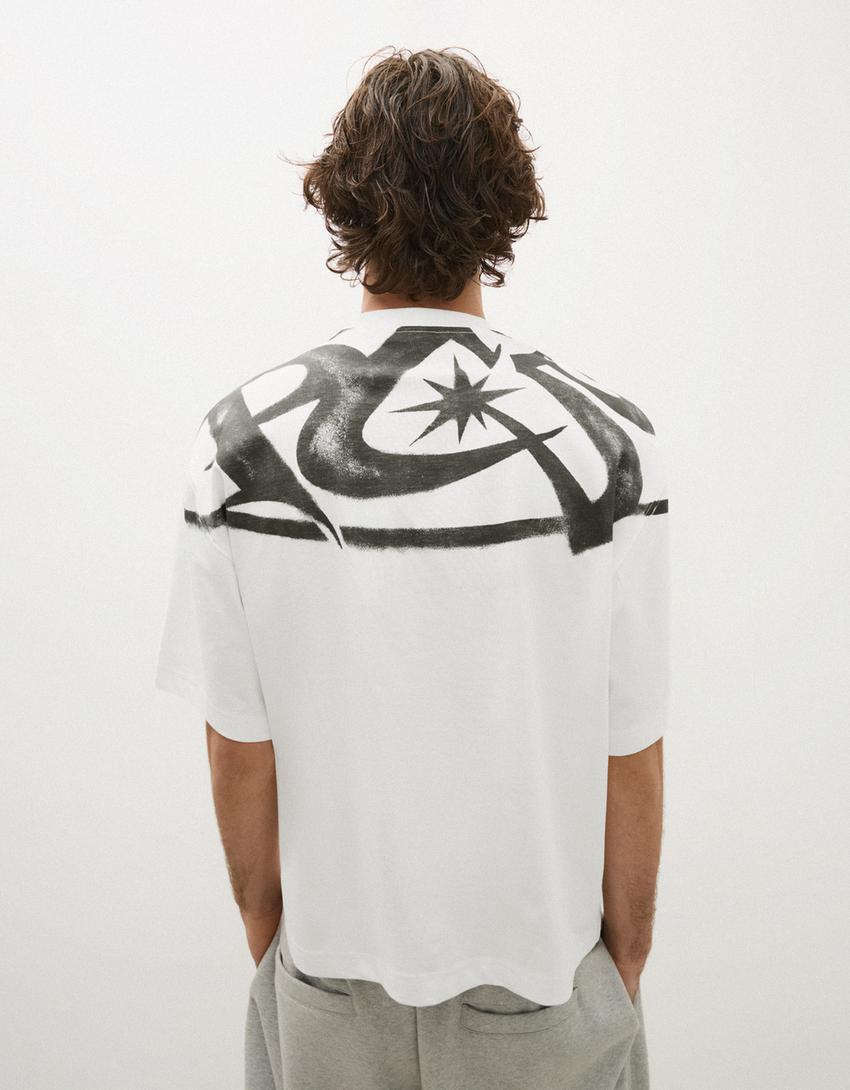 Short sleeve boxy print T-shirt-Off white