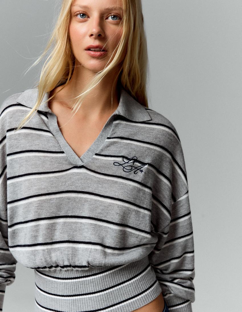 Ribbed polo collar sweater-Grey