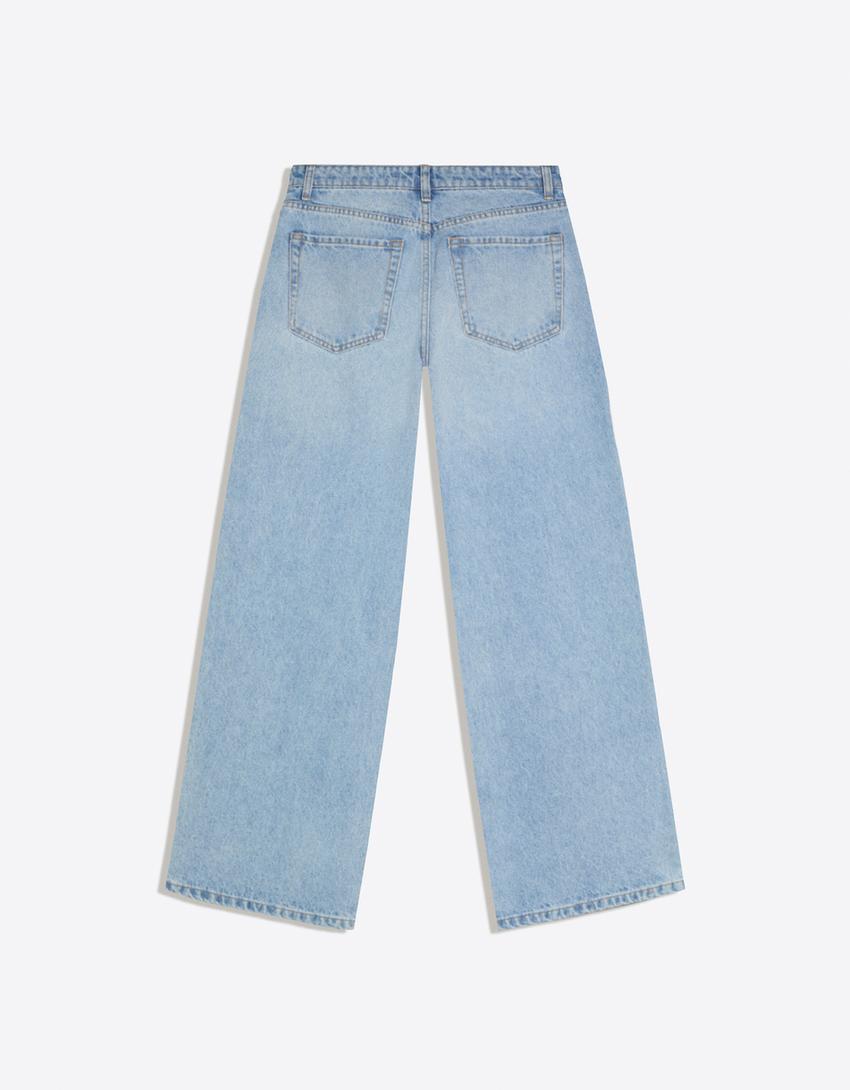 Yüksek bel straight fit geniş paça parlak jean-Açık mavi