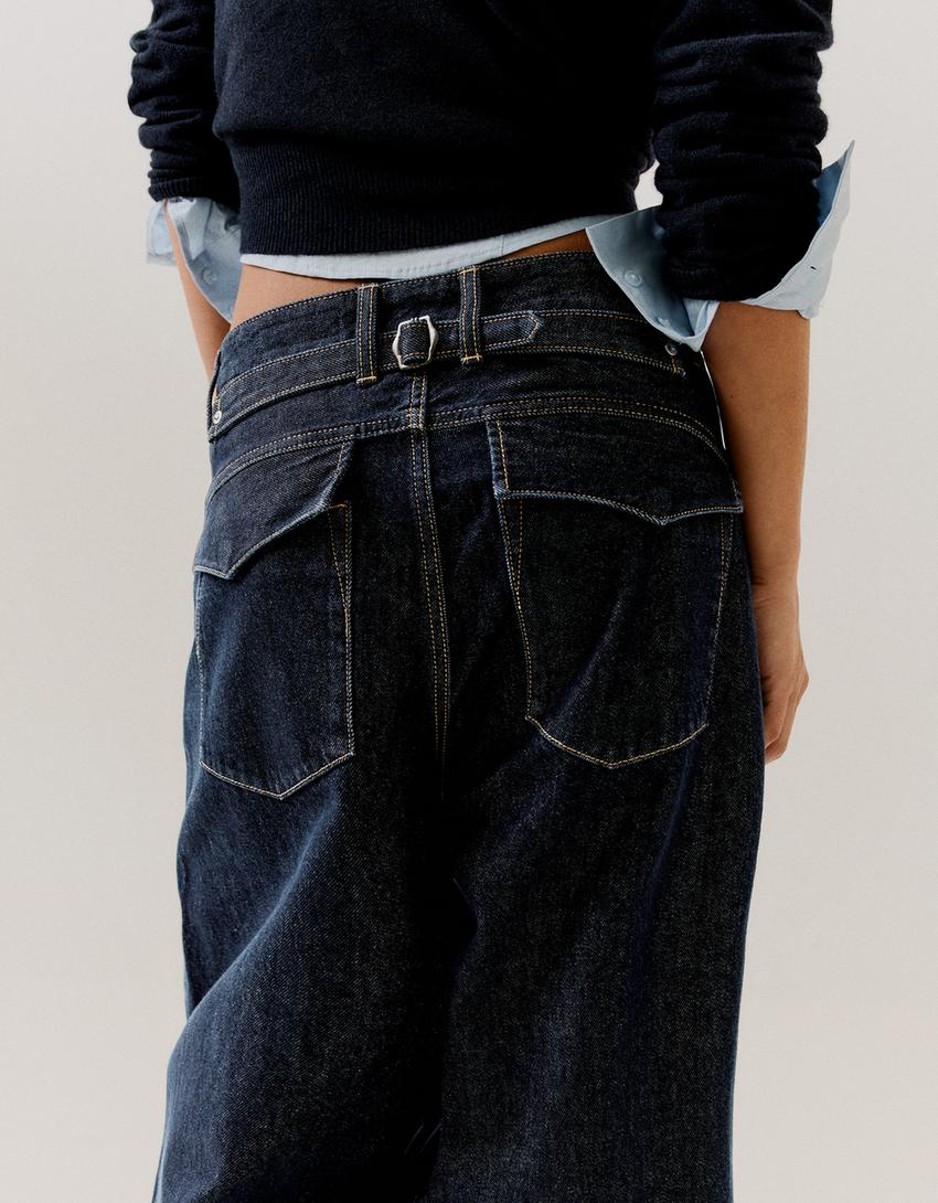 Jeans barrel fit con fibbia posteriore-Marino