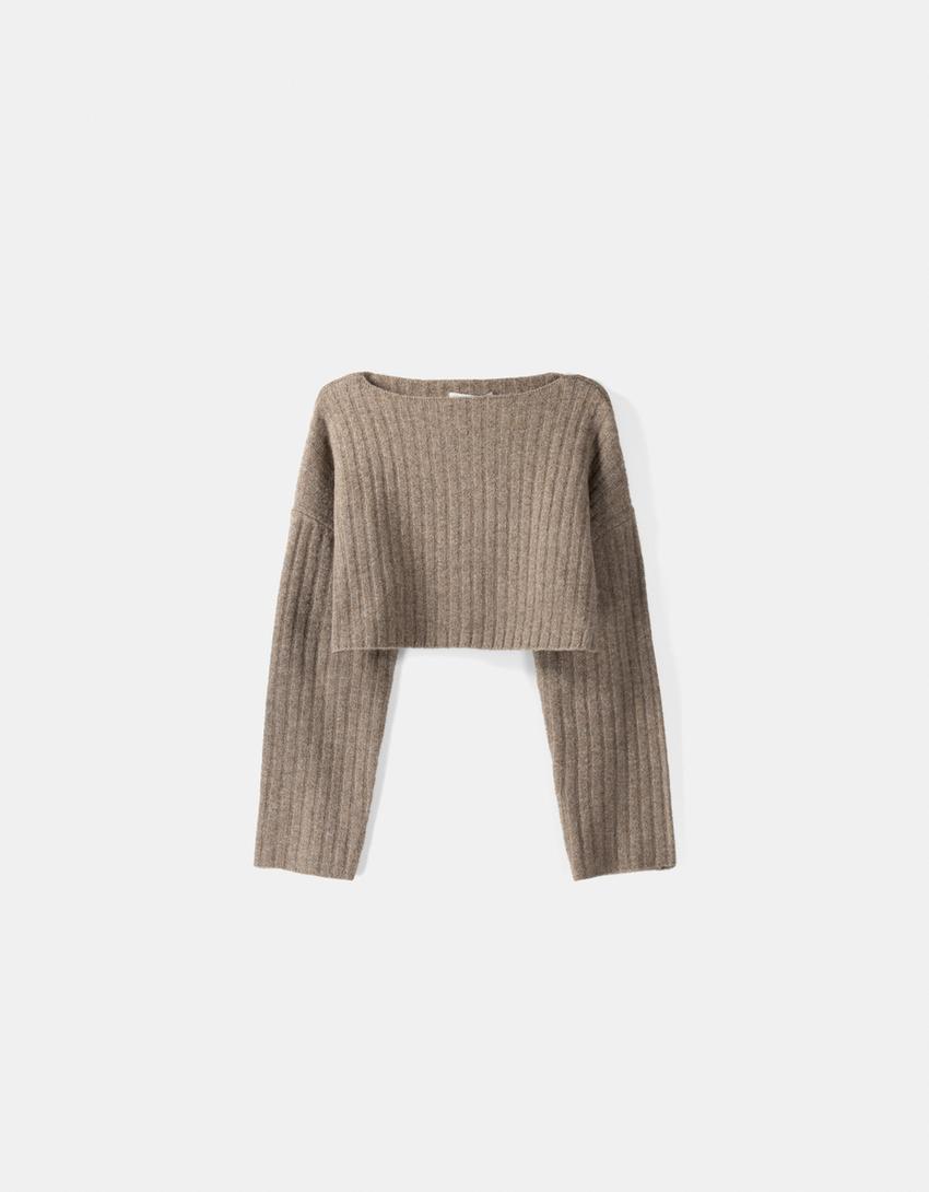 Pull cropped maille bord-côte épaules tombantes-Marron-4