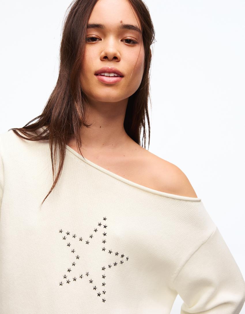 Pulover s lađa izrezom-Krem boja