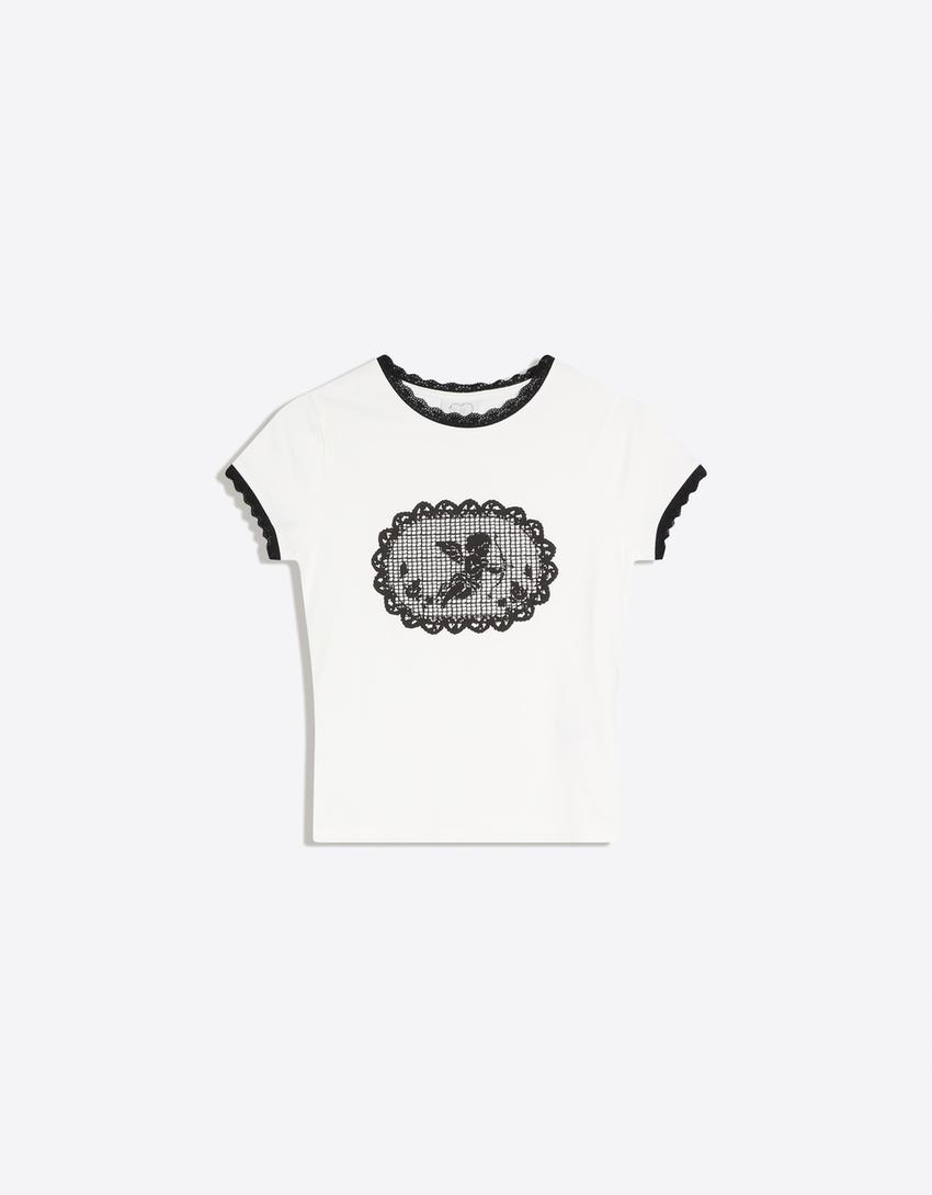 Camiseta manga corta contraste encaje-Blanco roto