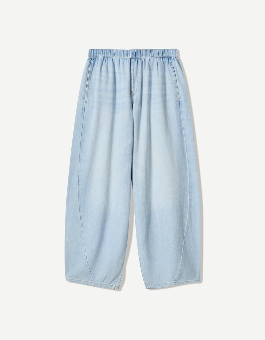 Barrel-Jeans mit Gummibund-Ausgewaschenes Blau-3