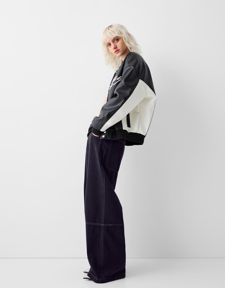 جاكيت بيسبول جلد صناعي مطرز-أسود-3