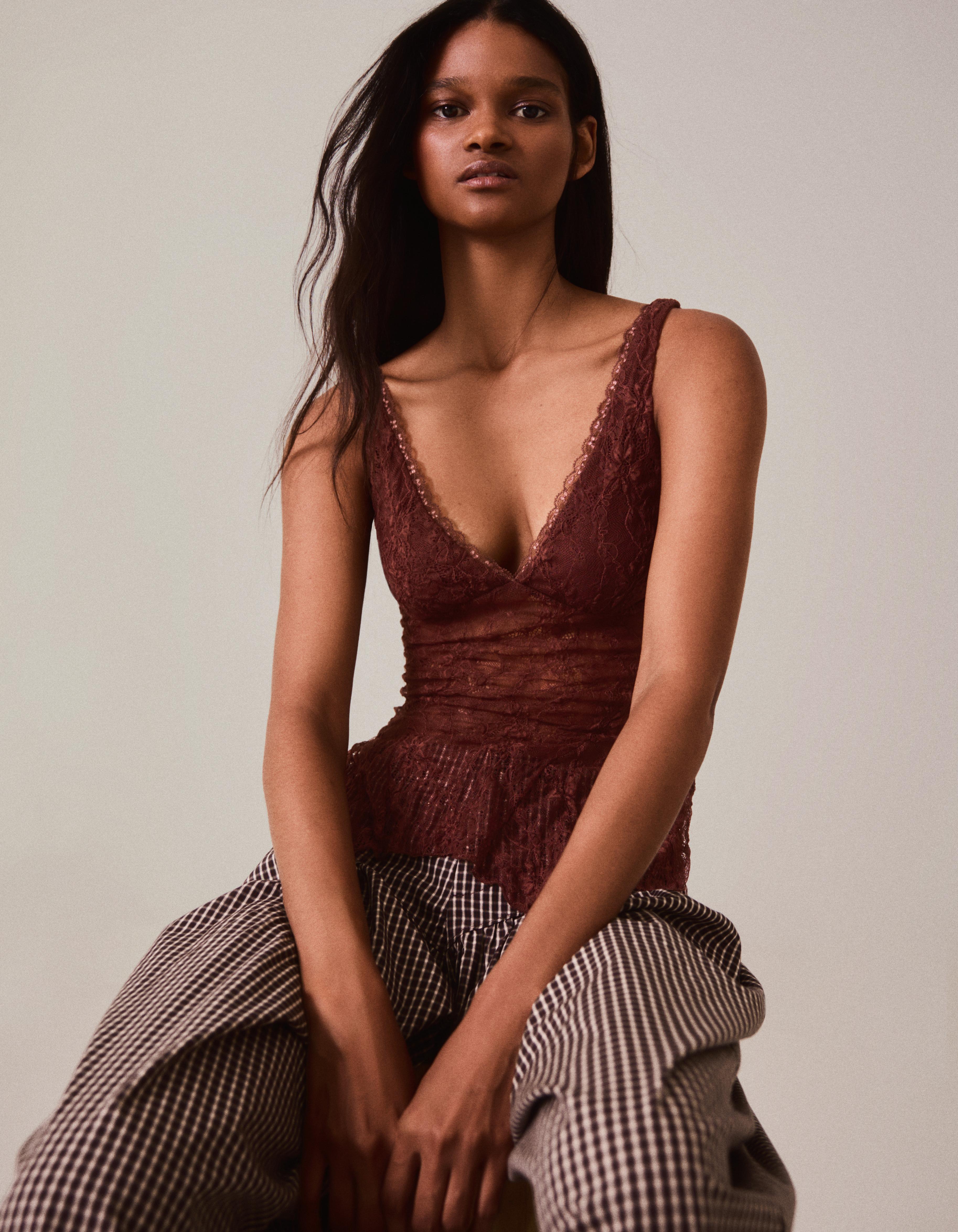 Bershka Top Tirantes Encaje Mujer Marrón