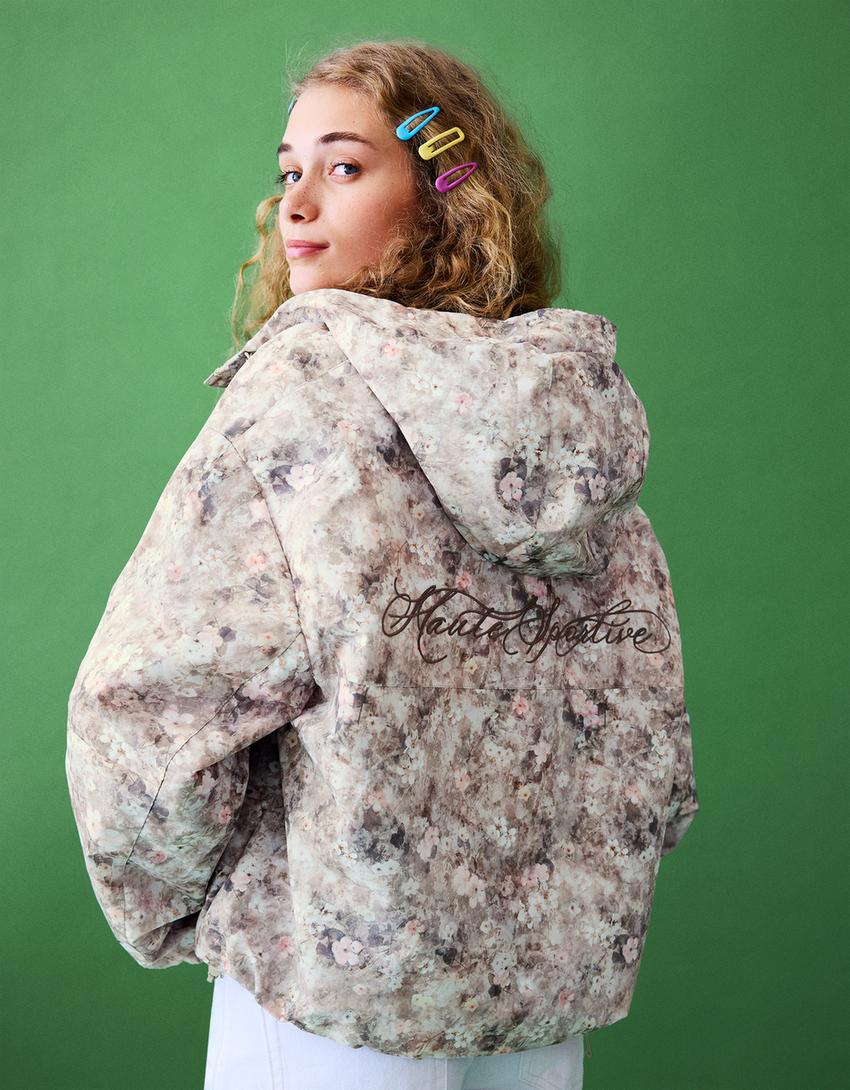 Water resistant & windproof print hooded jacket-Beige