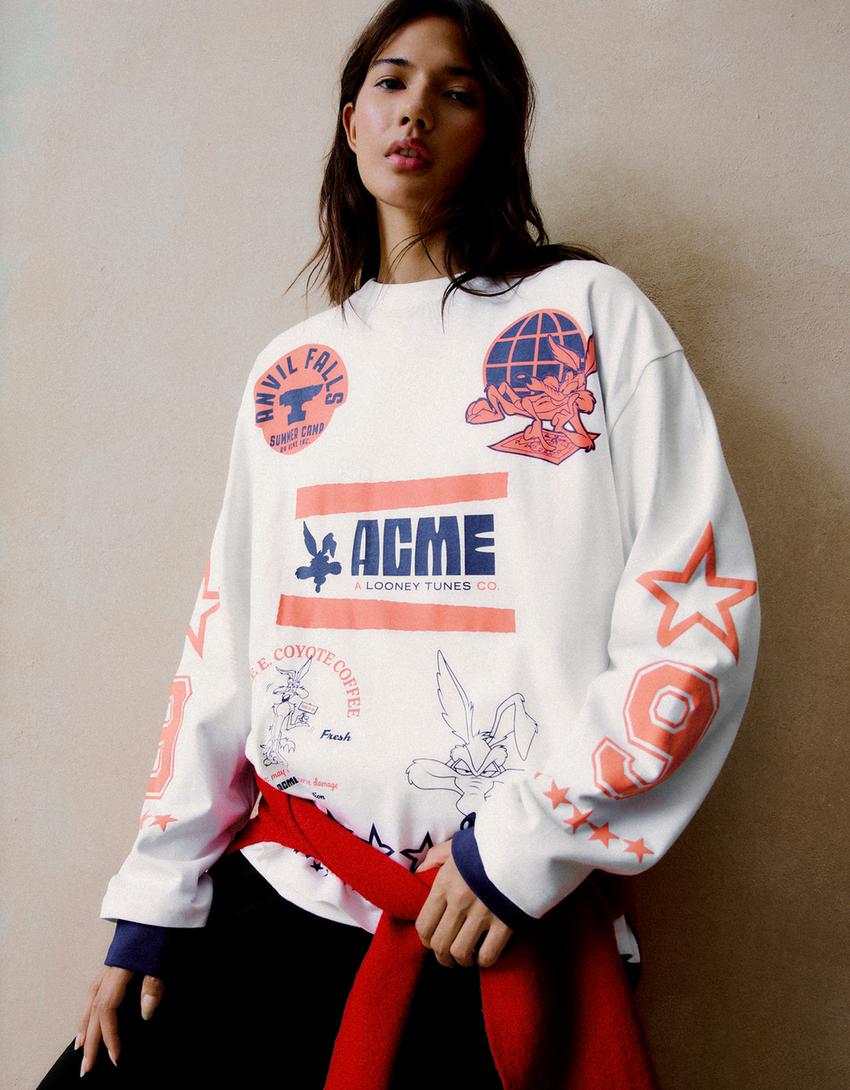LOONEY TUNES oversize long sleeve print T-shirt-Off white