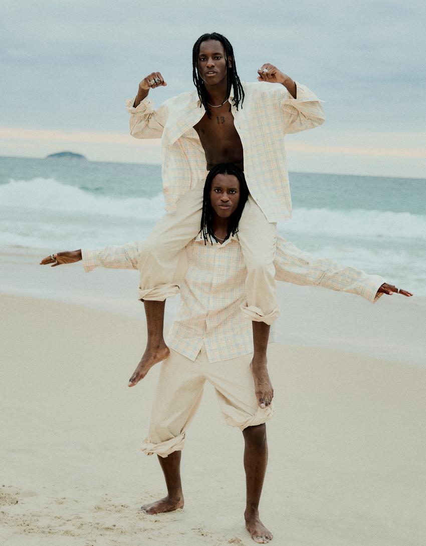 Uzun kollu oversize kareli gömlek-Krem