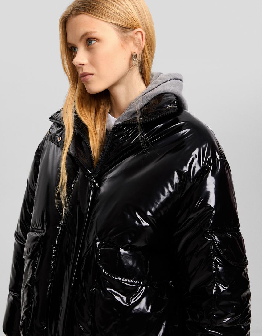 Oversize vinyl-effect puffer jacket-Black-2