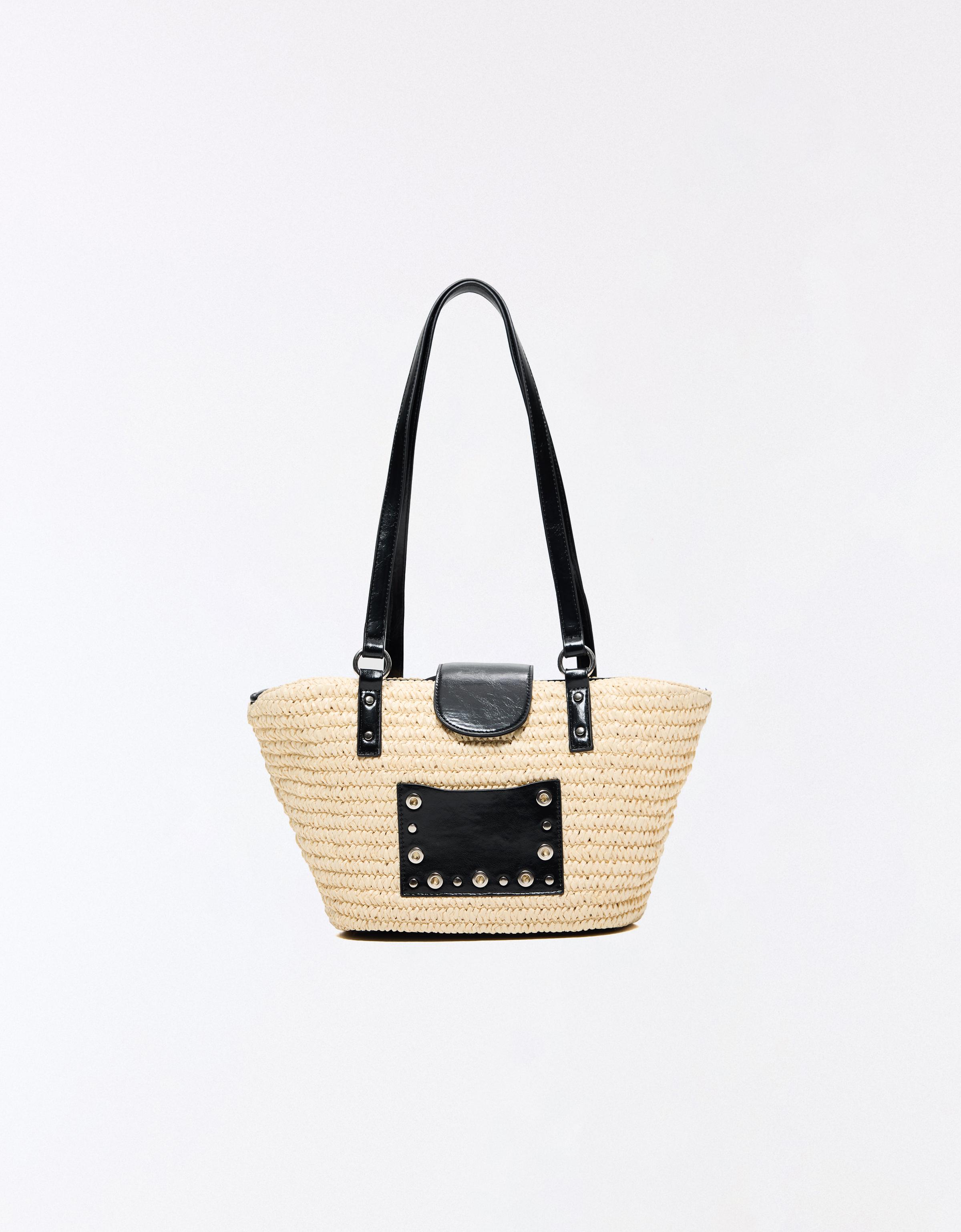 Studded raffia basket bag