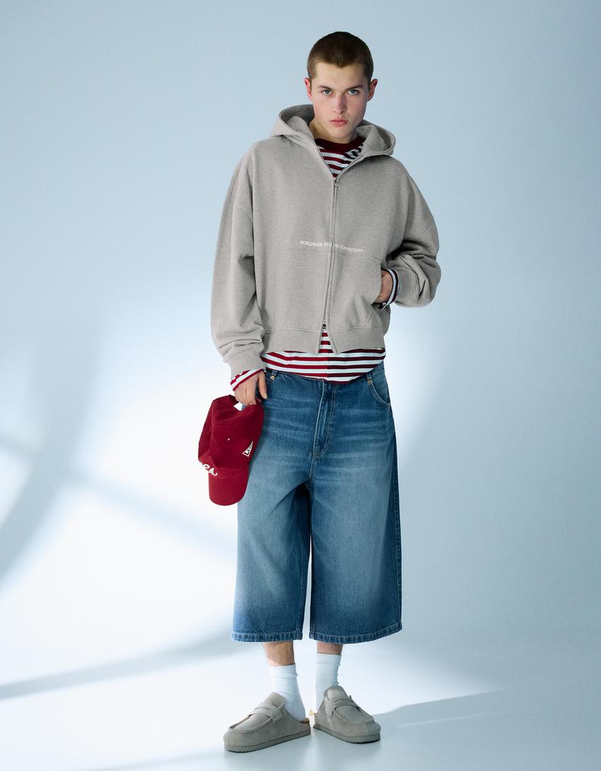 Sudadera cremallera boxy crop print-Gris