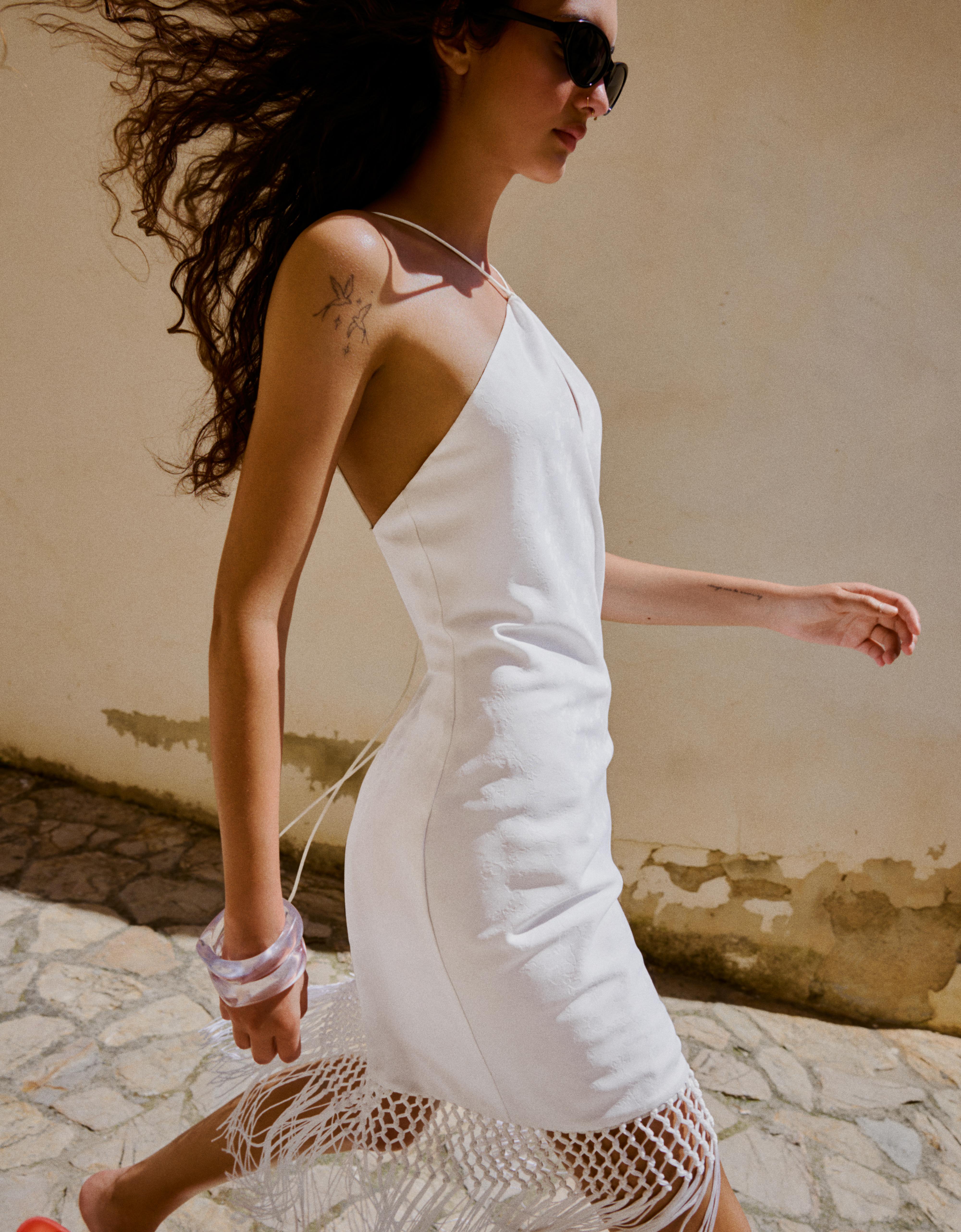 Halter neck jacquard mini dress with fringing — White