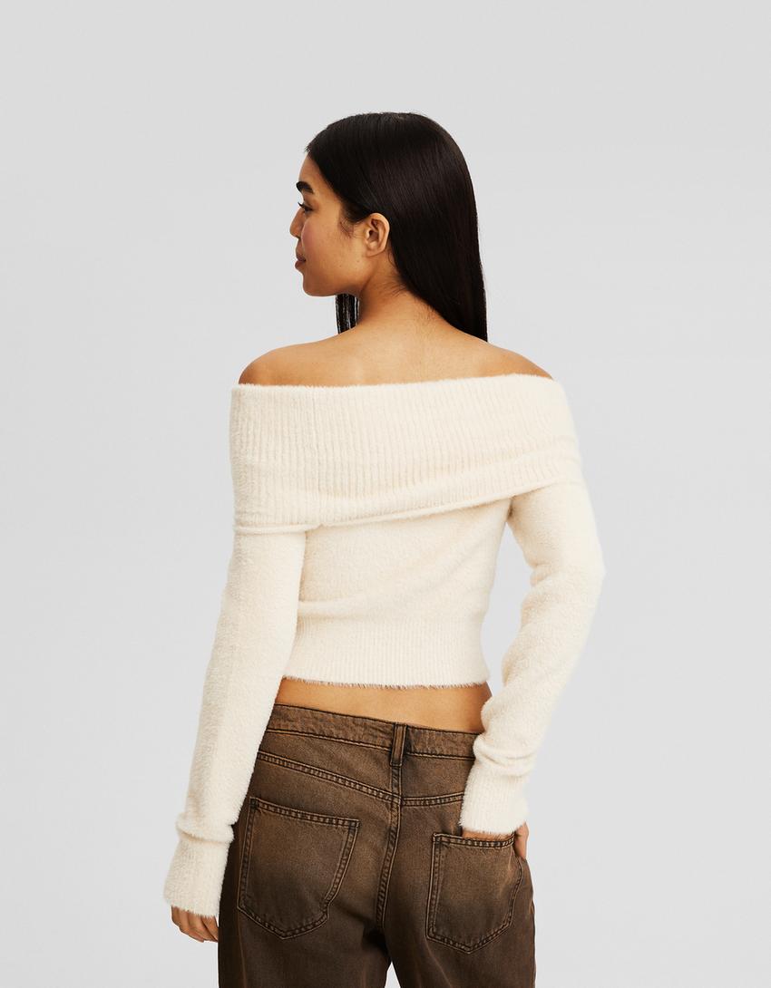 Fuzzy bardot neck sweater-Sand-1