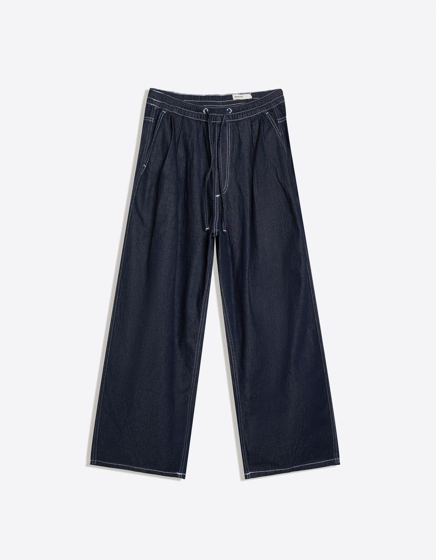 Wide-leg jeans with darts-Navy