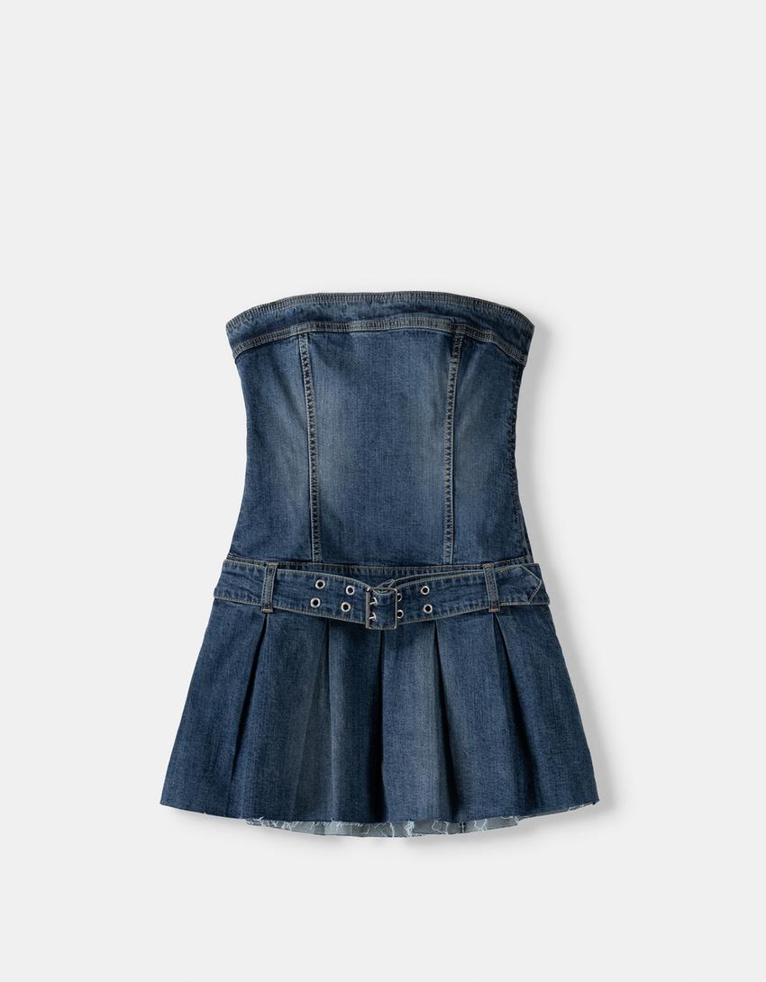 Denim bandeau mini dress with belt-Light blue