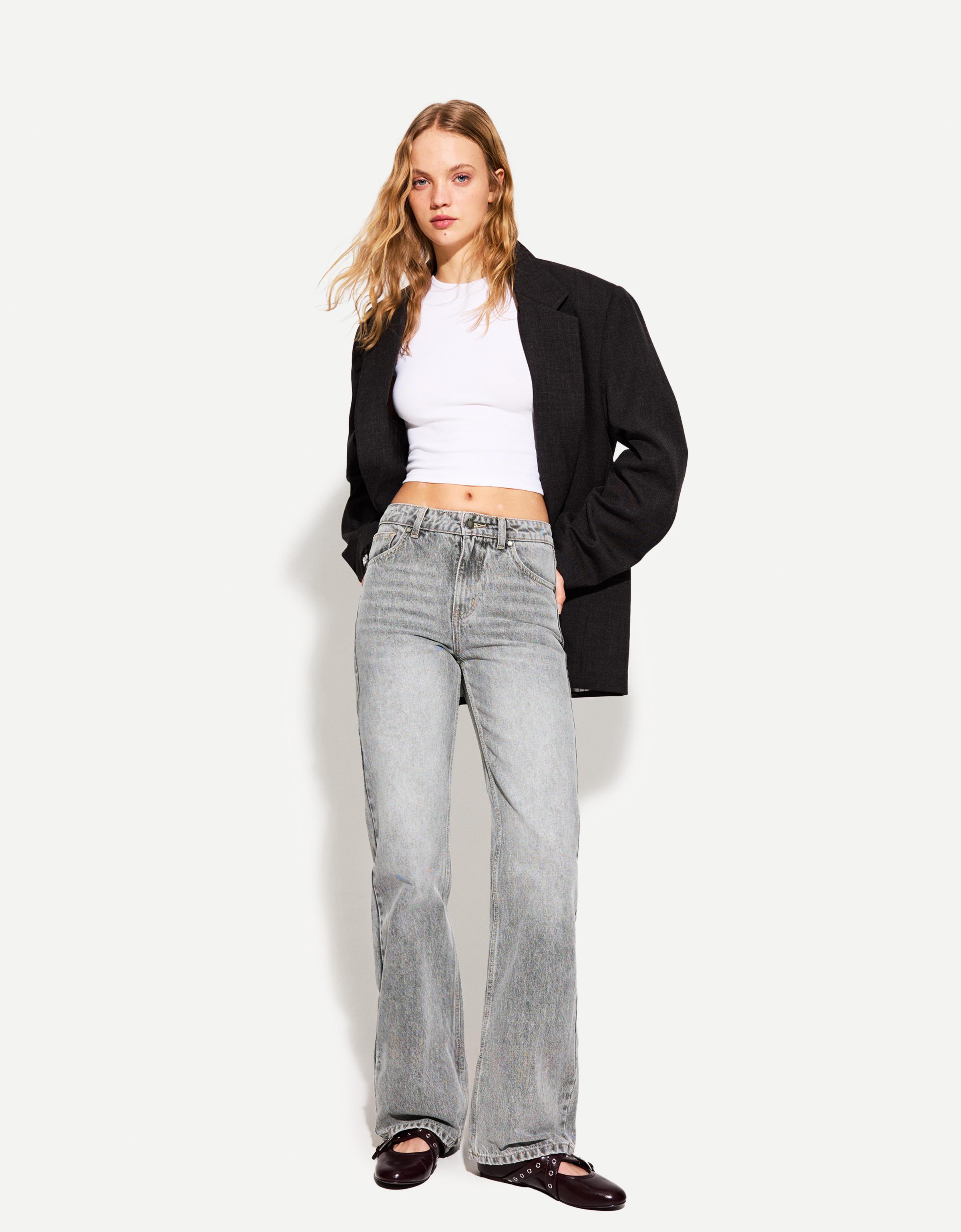 Bershka Wide-Leg-Jeans Im Straight-Fit Damen 34 Grau